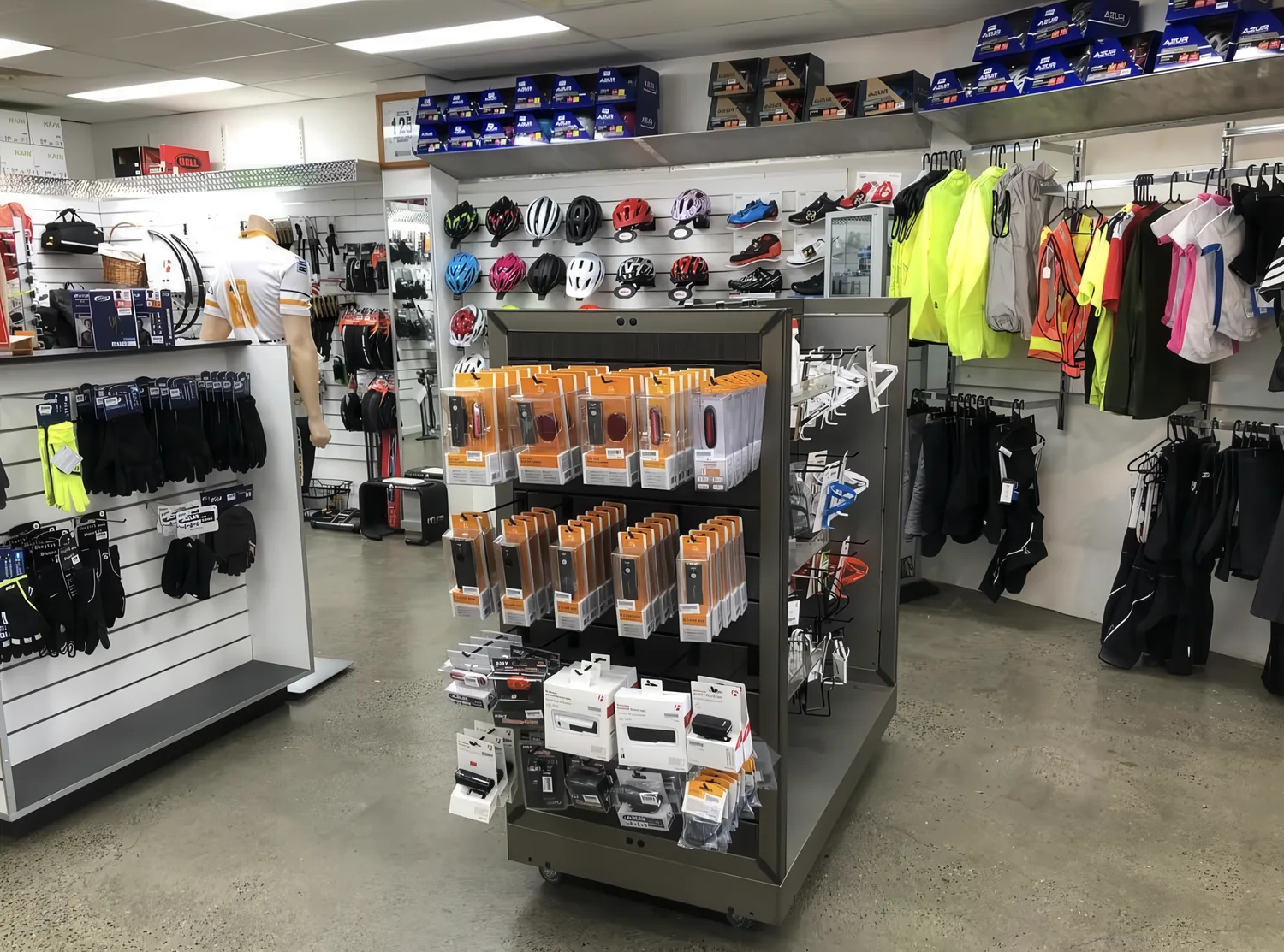 Helmets, clothing, lights and accessories on the shop floor at Ride Shop